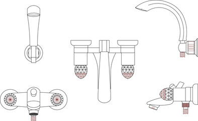Vector silhouette illustration sketch of detailed design of faucet and shower sink sink in the kitchen