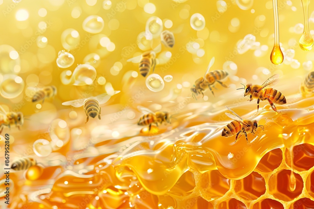 Poster a close-up image of a honeycomb with bees and droplets of honey. generative ai