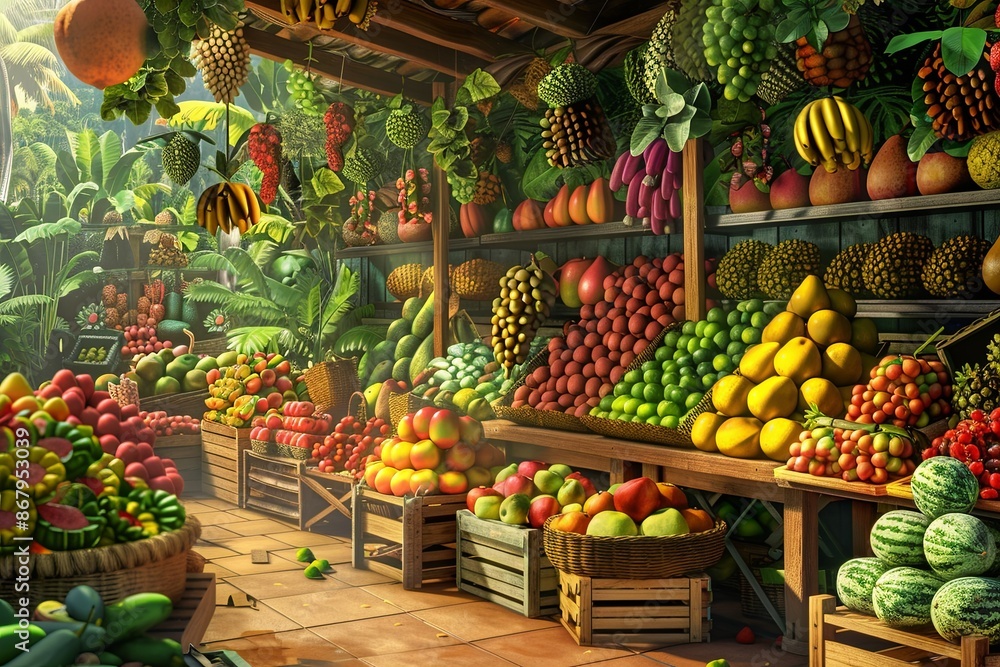 Aufkleber a colorful array of fresh tropical fruits for sale on a wooden market stall. generative ai