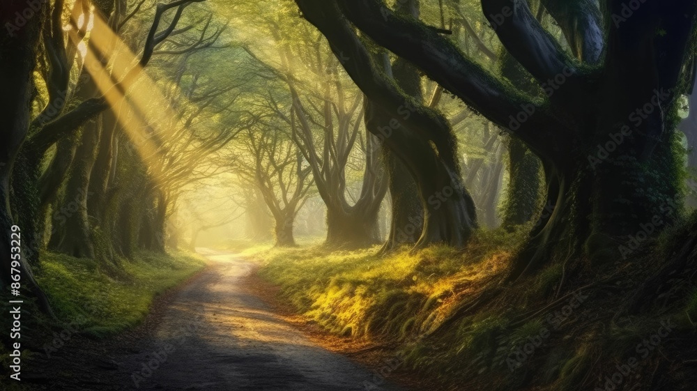 Poster enchanting forest pathway with beams of sunlight filtering through the trees, creating a mystical at