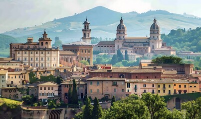 A city with many buildings and trees