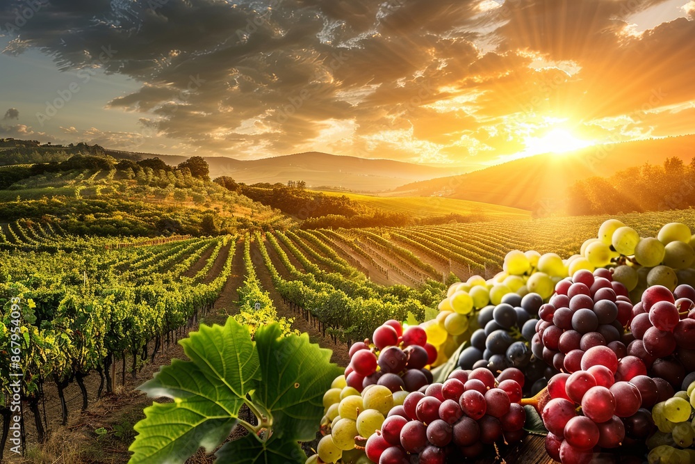 Poster a scenic vineyard with rows of vines and ripe grapes at sunset. generative ai