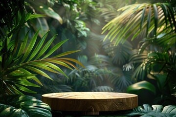 Obraz premium Empty wooden podium in tropical jungle for product display. Lush green forest background with sunlight. Concept of nature, sustainability, organic, and wellness.