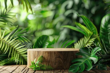 Obraz premium Empty wooden podium with lush tropical plants for product placement. Natural, sustainable, and organic product display platform.