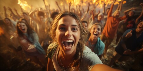 Obraz premium Concert energy: people at music concert, cheering crowd, electrifying atmosphere as fans unite, immerse in live music experience, celebrate their favorite artists with enthusiastic cheers, applause