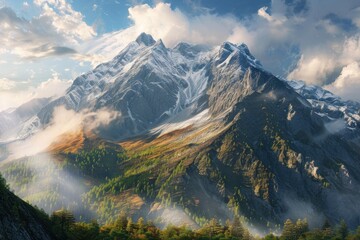 Majestic mountain peaks capped with snow in a dramatic landscape, misty clouds cover the green valley below. Concepts. adventure, wilderness, nature, scenic, peak, hiking