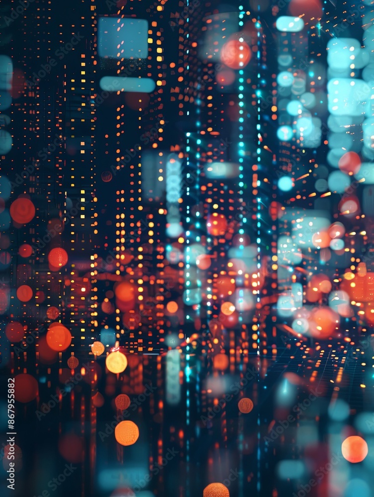 Fototapete A digitally generated cityscape with glowing blue and red lights, creating an abstract and futuristic atmosphere. Generative AI