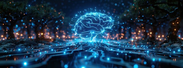 Fototapeta premium Brain decorated with blue glowing electrical circuits.