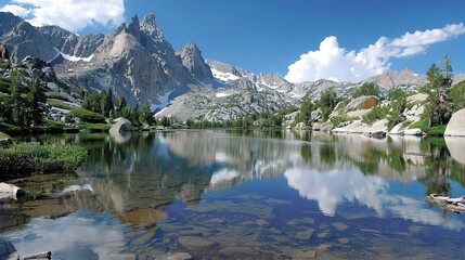 Majestic Alpine Beauty: Snow-Capped Peaks Reflected in Serene Mountain Lake