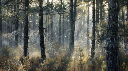 Fototapeta premium Enchanting Misty Morning in Pine Forest: Sunlight-Adorned Dewy Spiderwebs