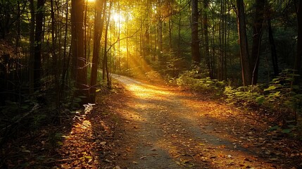 Fototapeta premium Enchanting Autumn Forest Trail with Dappled Sunlight - An Invitation to Explore Nature's Beauty