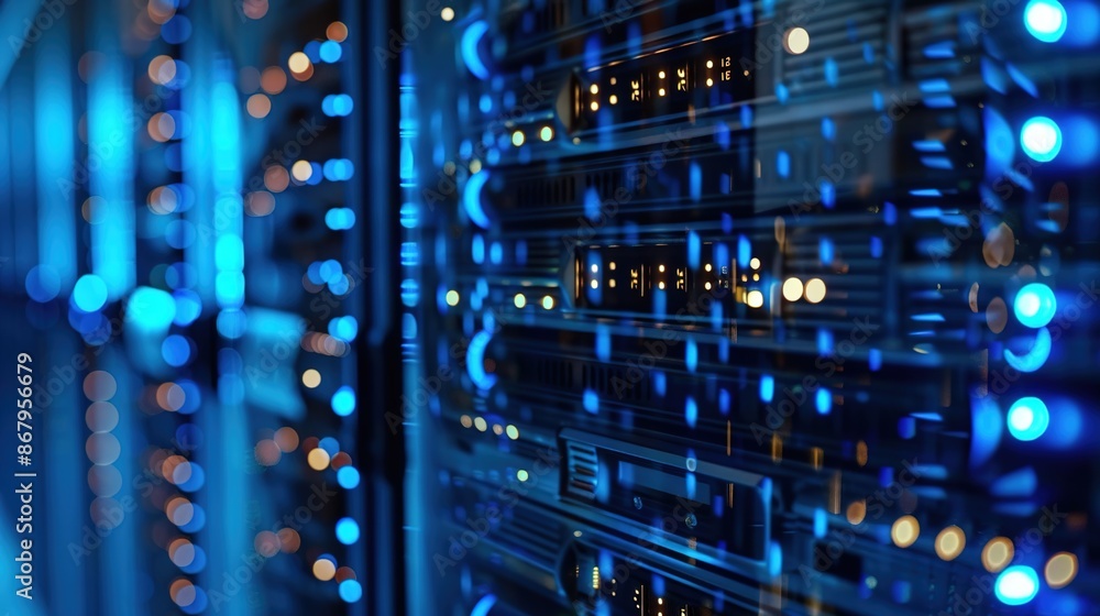 Poster Illuminated Server Racks in Data Center - Network Technology Concept with Blue Lighting