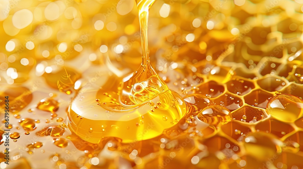 Poster a close-up shot of honey dripping onto a honeycomb, creating a beautiful and textured pattern. gener