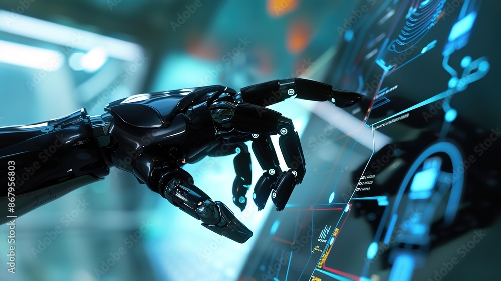Poster futuristic robot hand interacting with holographic interface, concept of artificial intelligence tec