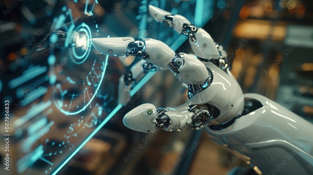 Poster futuristic technology concept: robot hand interacting with holographic interface for ai innovation