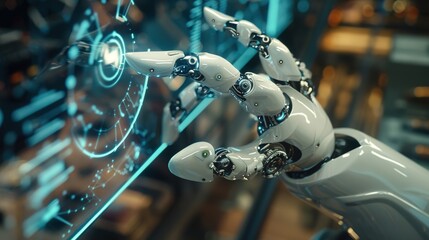Futuristic Technology Concept: Robot Hand Interacting with Holographic Interface for AI Innovation