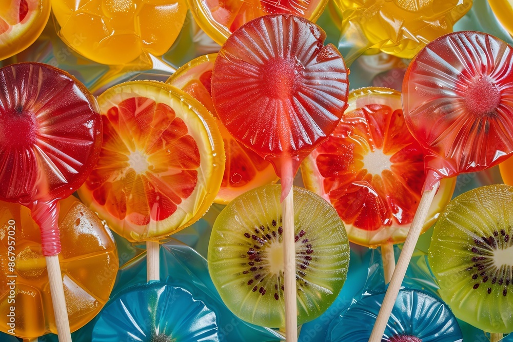 Poster a close-up shot of colorful, fruit-flavored lollipops on sticks. the lollipops are arranged in a ran