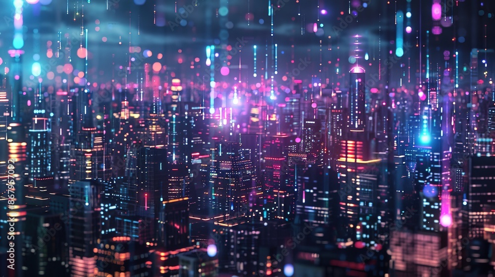 Poster futuristic digital cityscape with interconnected data points and holographic elements