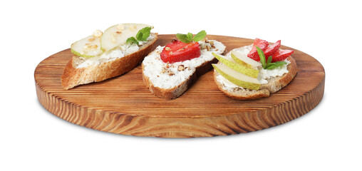 Delicious bruschettas with fresh ricotta (cream cheese), strawberry, mint and pear isolated on white