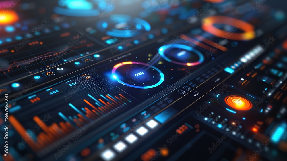 Poster futuristic high-tech dashboard interface with advanced data visualizations for modern technology app