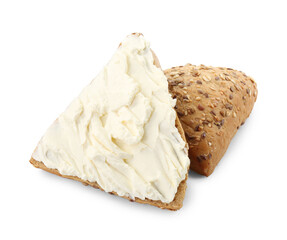 Pieces of bread with cream cheese isolated on white