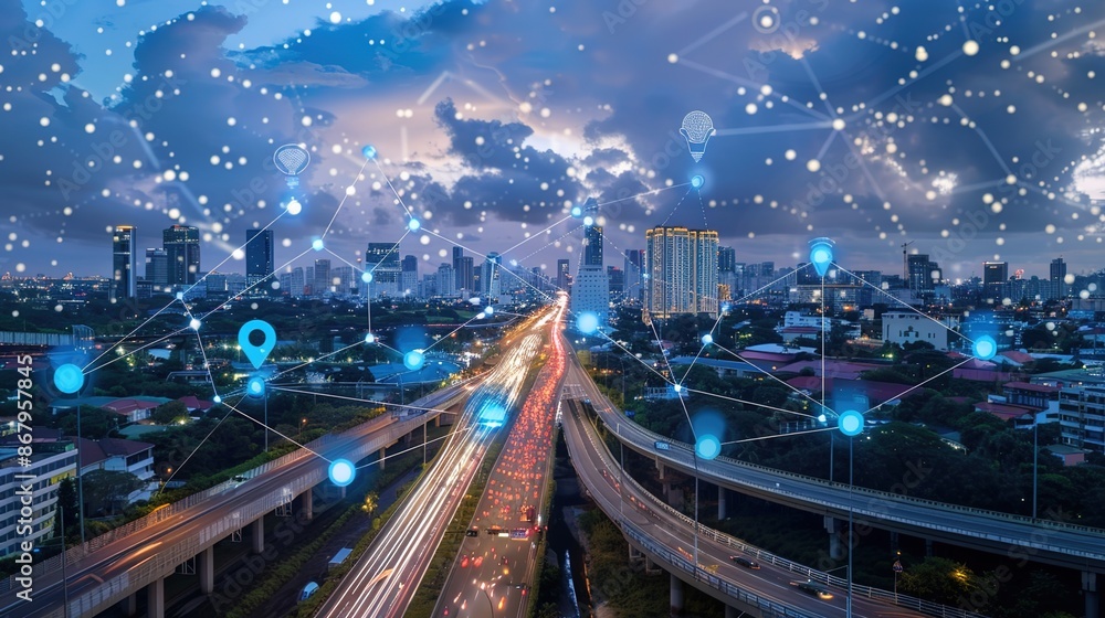 Poster futuristic smart city with interconnected data streams in high-resolution