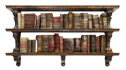 Wooden book shelve with books on transparent background