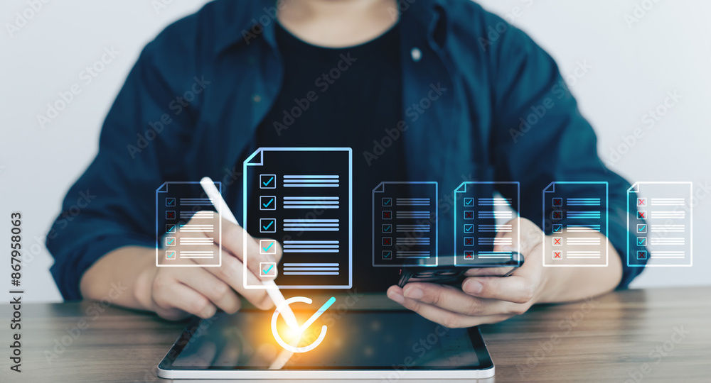 Aufkleber data approve online and review online. document audit inspection, business asset analysis concept. m