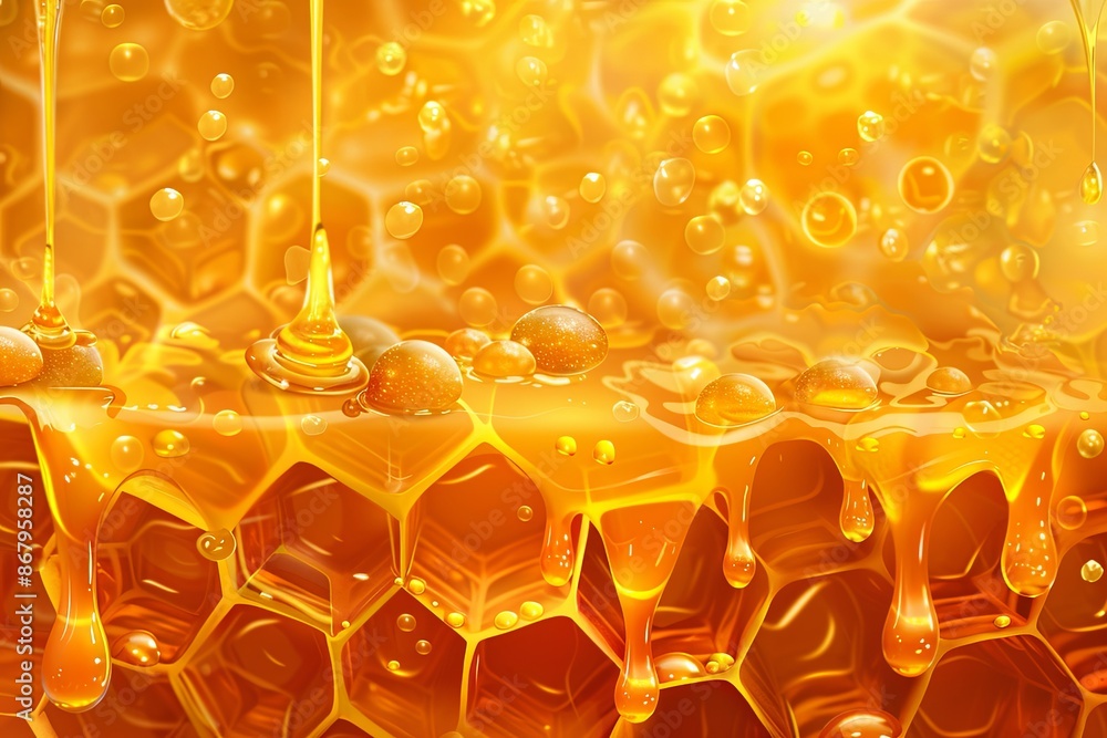 Poster close-up of honey dripping from a honeycomb, highlighting the golden liquid and the intricate hexago