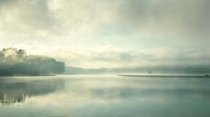 Fototapeta premium Serene Misty Morning: Peaceful Landscape with Subtle Colors and Vast Empty Space
