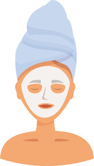 Woman with a towel on her head is relaxing with a facial cosmetic mask, applying cream