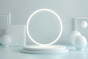 Minimalist 3D rendering of white podium with glowing circle and geometric shapes. Empty stage for product display, advertising, and branding. Concept of modern, futuristic, and abstract design.