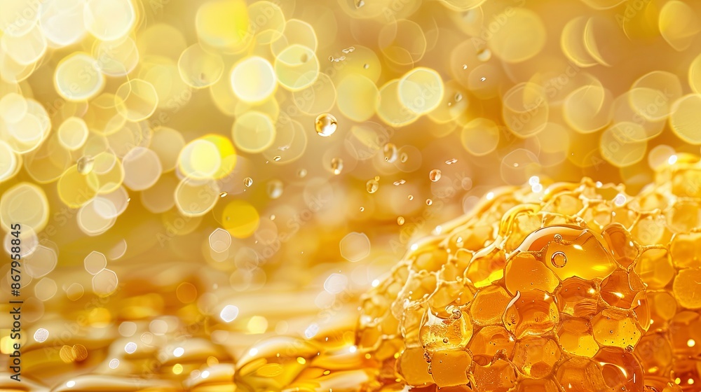 Poster a close-up photo of golden honeycomb with dripping honey, captured with a bokeh background. generati