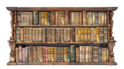 Wooden book shelve with books on transparent background