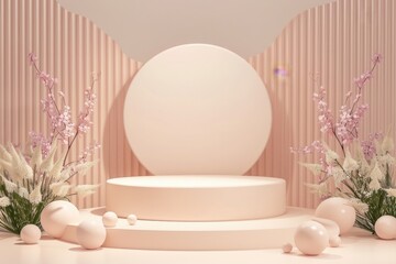 Fototapeta premium Empty pink podium with floral decoration for product placement and branding. Minimalist 3D rendering with geometric shapes for cosmetic or beauty product display.