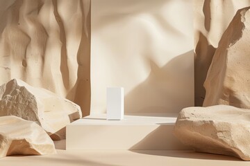Minimalist product display with white podium on sand-colored background with abstract stone structure and sunlight shadows. Empty platform for showcasing cosmetics, skincare, or beauty products.