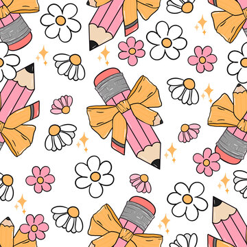 Pencil and coquette bow seamless pattern, Groovy retro back to school digital paper background, wallpaper, daisy flowers, scrapbooking, classroom decor.