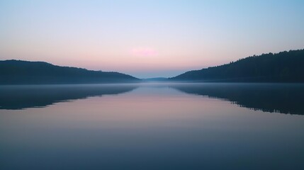 Fototapeta premium Serene Sunrise Reflections on Still Lake - Tranquil Morning Landscape with Clear Sky and Open Space