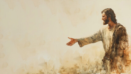 Brown watercolor painting of Jesus Christ reach out hand welcoming his people