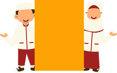 Indonesian elementary student holding banner