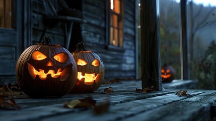 Jack-o'-lanterns glowing on an old wooden porch in the dead of night