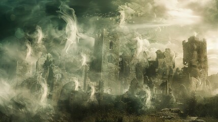 Naklejka premium Eerie Ghostly Apparitions Floating Above Mystic Castle Ruins