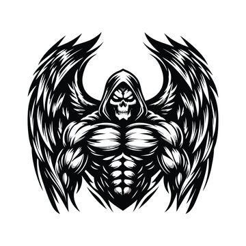 recommend clip art: Illustration of a fierce Angel of Death in black and white