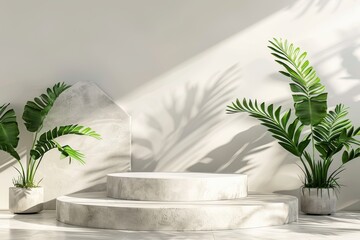 Minimal white marble podium with green plants and leaf shadow for product placement. Concept of beauty, cosmetics, natural, organic, or wellness.