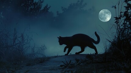 Spooky Black Cat Silhouette Crossing Moonlit Path at Night