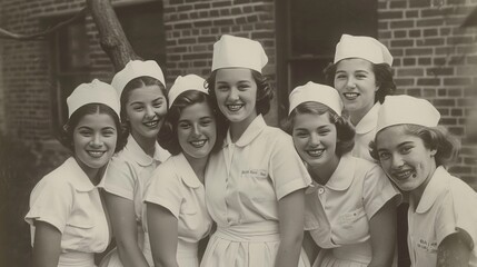 Group Portrait of Smiling Women in White Uniforms