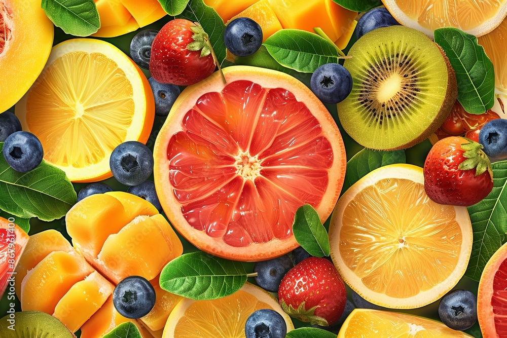 Poster a vibrant collection of fresh citrus fruits, berries, and kiwi slices arranged in a close-up view, c