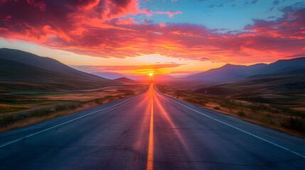 A deserted road stretching straight into the horizon with a stunning sunset and mountains in the background