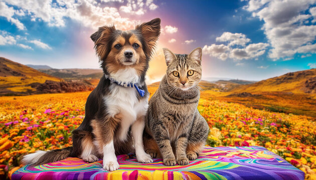 un perro y un gato sobre un fondo de colores de un paisaje al amanecer ilustracion y fondo de pintura con efecto dibujo