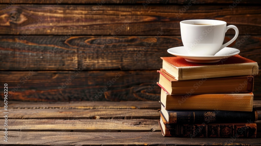 Poster reading and education concept with a cup of coffee on a stack of books in panorama format with ample
